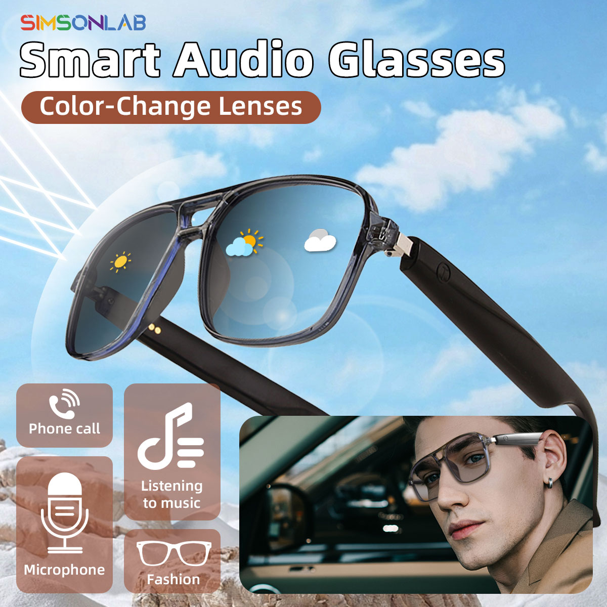 Gaming Glasses Uv - 2025年新型スマートグラス AI音声アシスタント タッチ音楽コントロール 紫外線カット 色変化レンズ Bluetooth通話