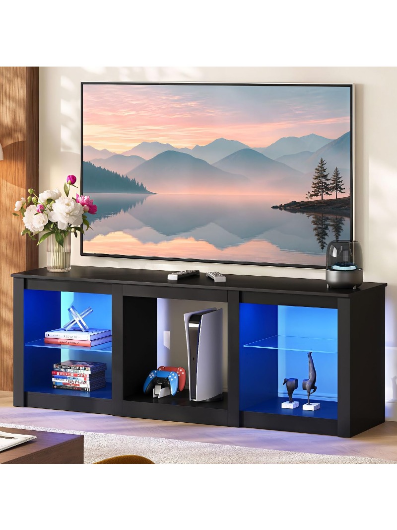 Gaming Console Room - LEDテレビスタンド 58インチ エンターテインメントセンター ガラス棚＆RGBライト 木製メディアコンソール リビングルーム