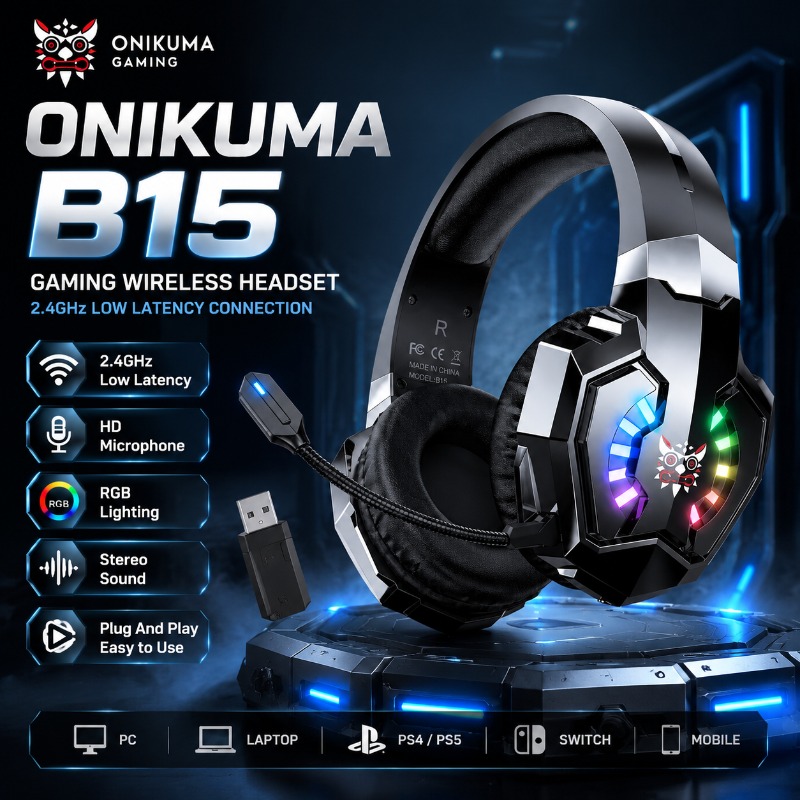 Gaming Console Apple - ONIKUMA B15 ゲーミングヘッドセットワイヤレス 2.4GHz RGB ヘッドフォン