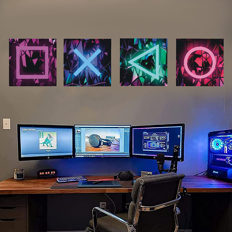 Gaming Console Wallpaper - ゲームルームの壁の装飾,ポスター,ステッカー,接着剤,ネオンボーイ,寝室用,PVCウォールステッカー,4個