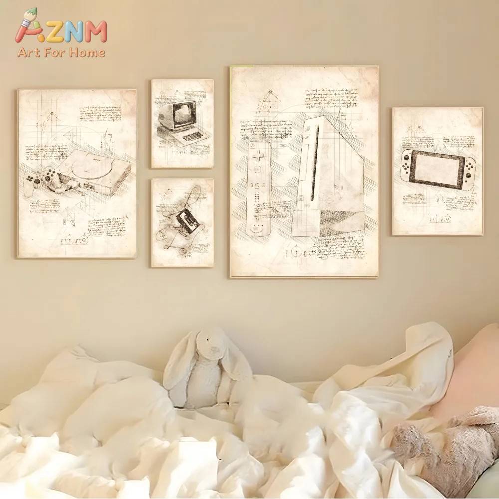Gaming Console Room - AZNM ヴィンテージゲームコンソールスケッチキャンバスウォールアートプリントレトロビデオコントローラー青写真ゲームルーム装飾ポスター