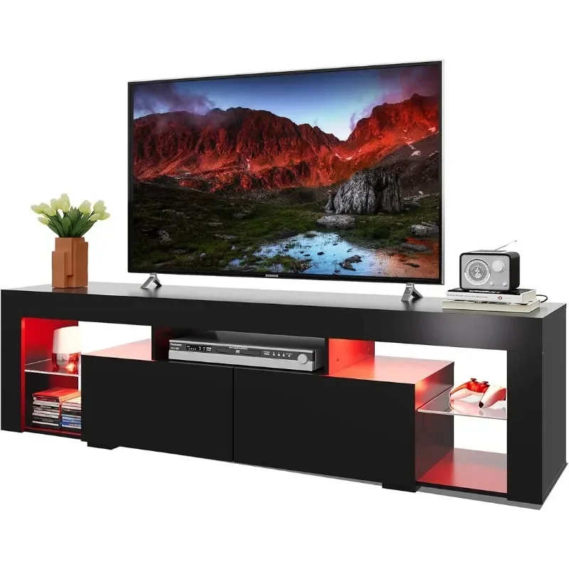 Gaming Console Room - 寝室、リビングルーム用の2つの収納引き出し付き木製テレビコンソール、ディスプレイガラス付きゲームメディアスタンド