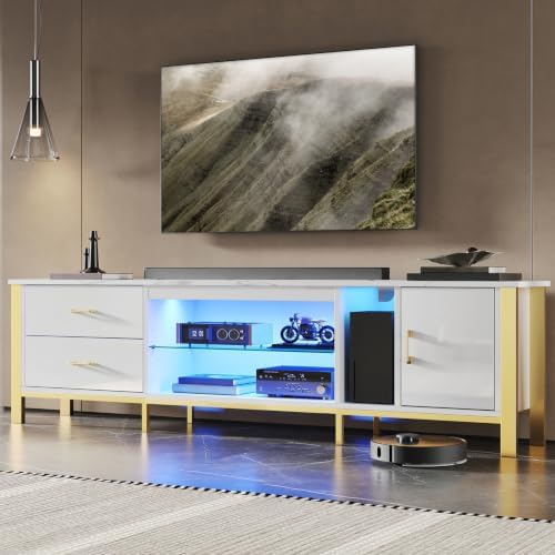 Gaming Console Room - 75/80/85インチテレビ用テレビスタンド、LEDゲーミングエンターテイメントセンター、リビングルーム用ガラス棚付きメディアコンソール、2台