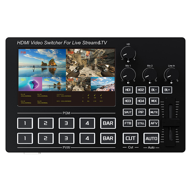 Gaming Console Monitor - 1080P 4チャンネルHDMIライブストリーミングビデオミキサー、5インチスクリーン、マイクライン入力、オーディオミキシング機能付きライブ放送ビデオスイッチャー