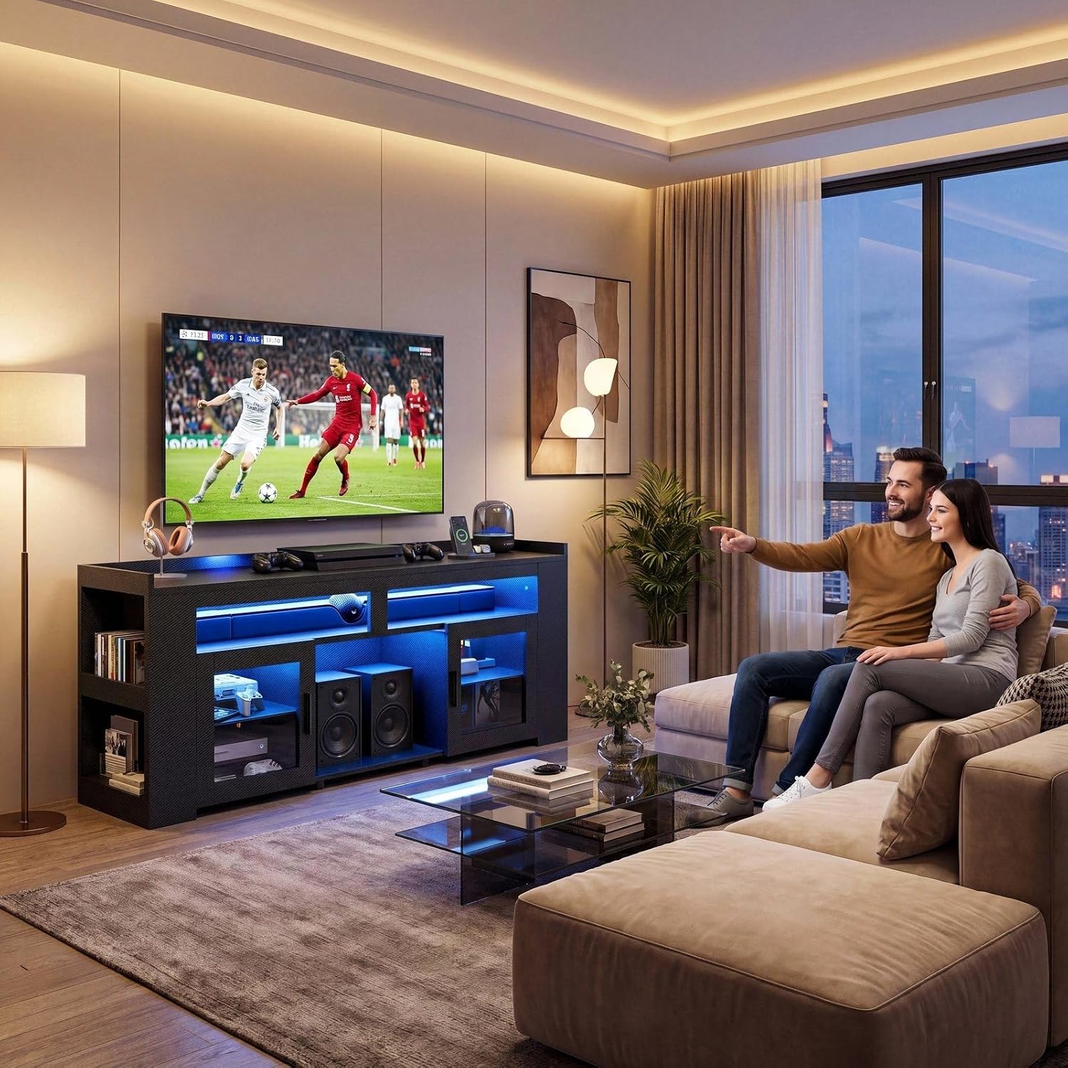 充電ステーションとLEDライト付きテレビスタンド、ガラス棚と - Gaming Console Room のレビューと価格