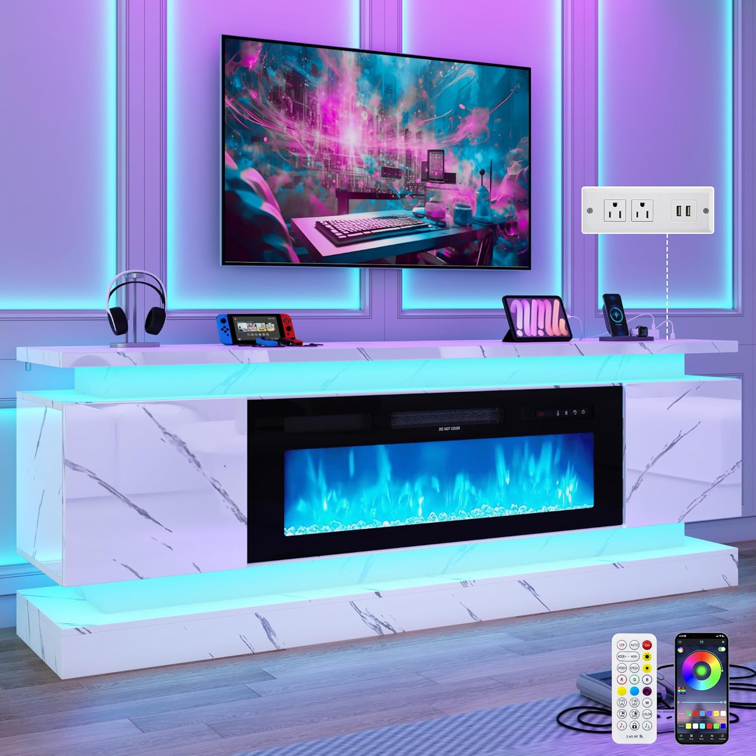 71インチLEDテレビスタンド、40インチ暖炉用電源コンセン - Gaming Console Room のレビューと価格