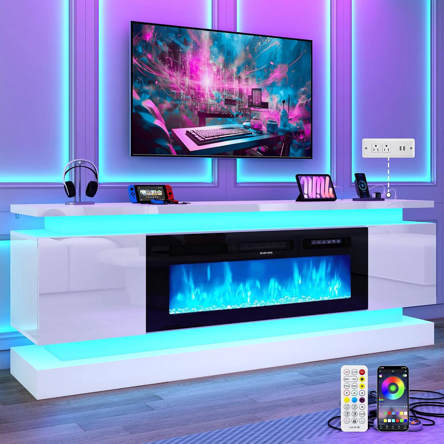 71インチLEDテレビスタンド、40インチ暖炉用電源コンセン - Gaming Console Room のレビューと価格