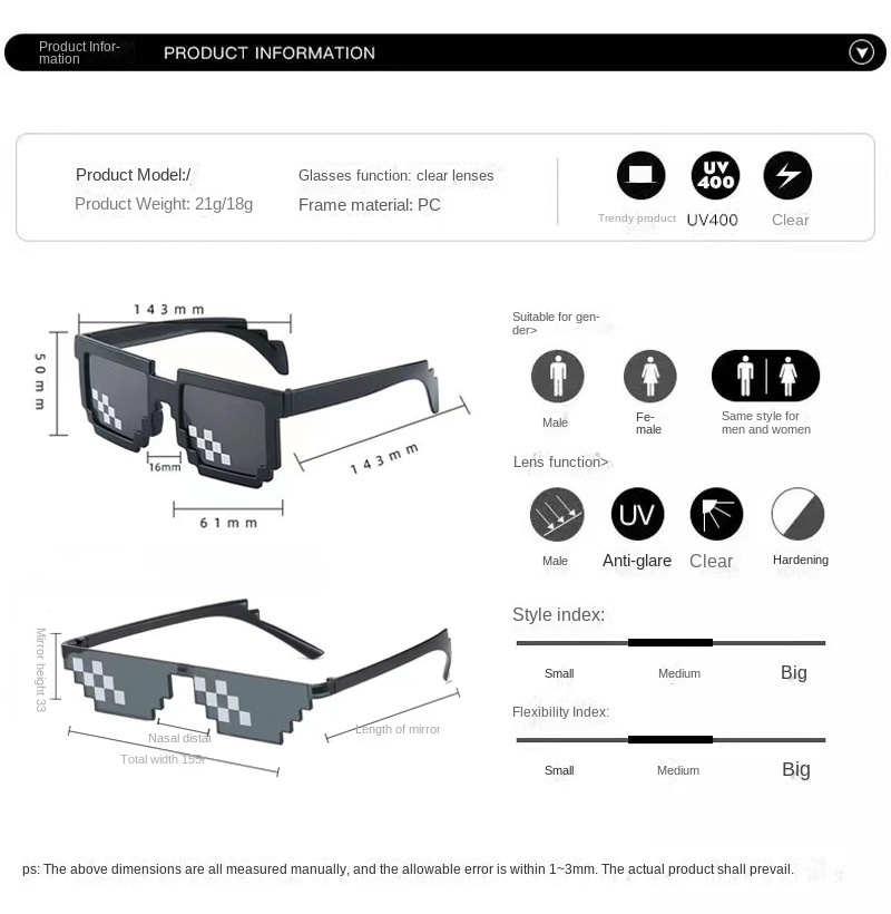 ピクセル-レトロなスタイルの黒いサングラス,男性と女性のため - Gaming Glasses Uv のレビューと価格